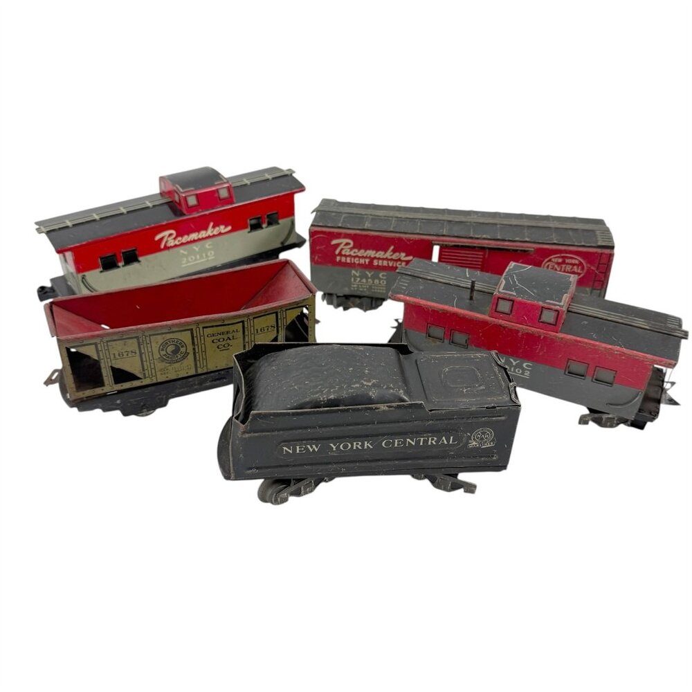 Marx Lot of 5 Tin Train Cars O Scale NYC and NP Railroad Marlines Vintage 1930s